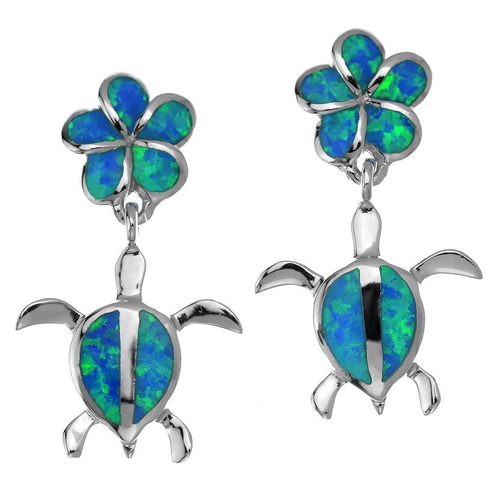 Leilani Hawaiian Jewelry Turtle Honu Plumeria Blue Opal Earrings In 925 Sterling Silver (Sea Turtle) &