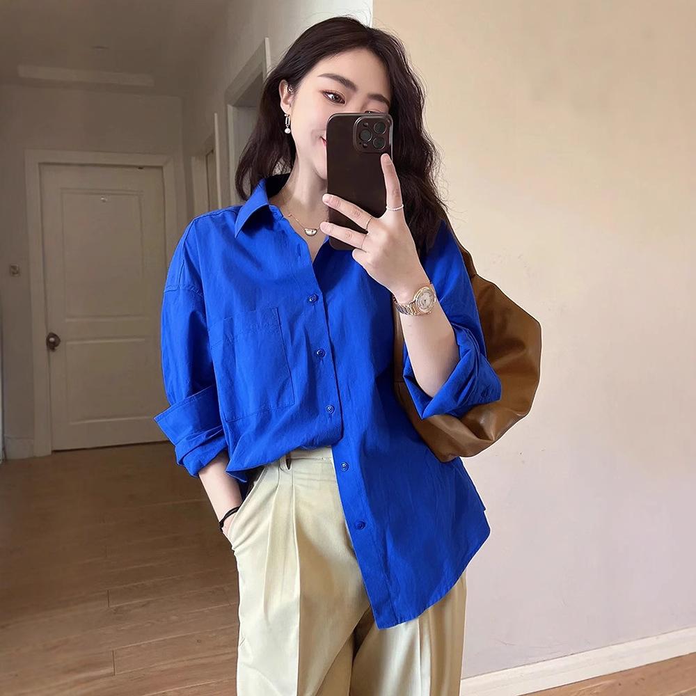 Camicia blu di lino da donna a maniche lunghe nuova casual larga bella camicetta bella sottile top alla moda bello