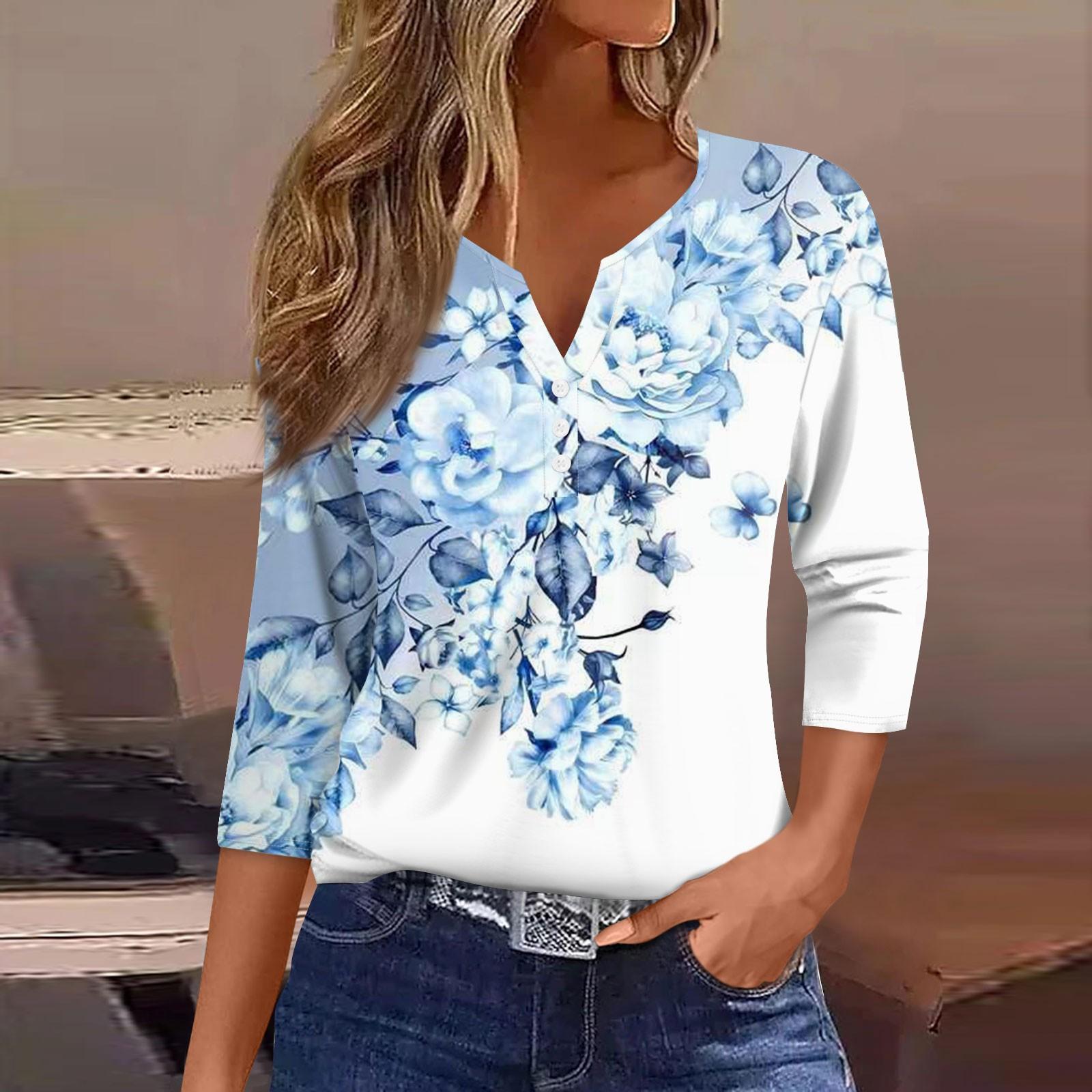 

Жен. Футболка Футболка С принтом Пуговицы Рукав 3/4 Повседневные Выходные Мода Классический Классический V-образный вырез Обычный Верх L