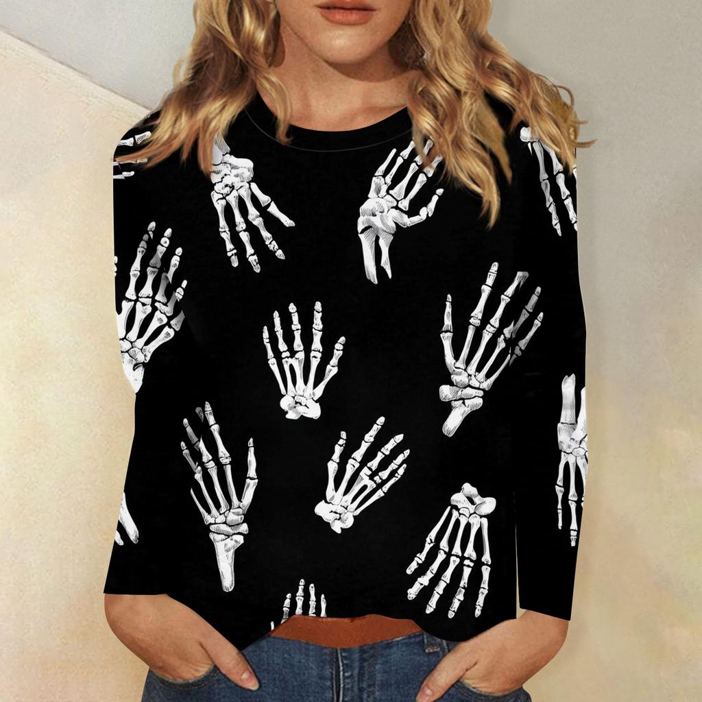 Women's long-sleeved loose-necked Halloween print casual top, suitable for holiday parties