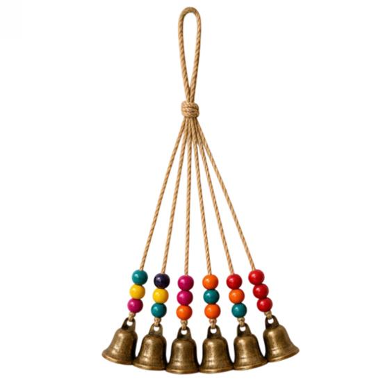 Vintage Bronze Bell Craft Bohemian Metal Pendant with Wooden Beads & Jute Rope, Retro Rustic Garden Chime Hanging Wind for Home Window Door