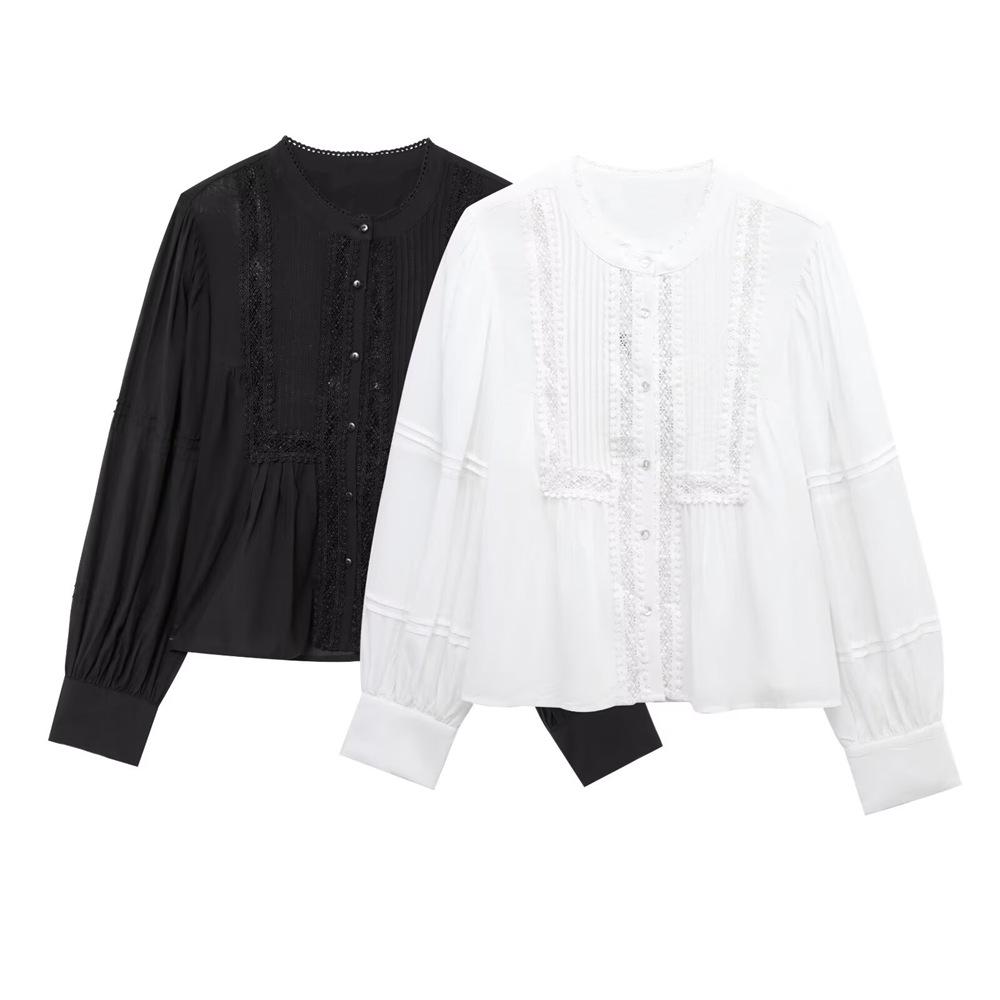 

2025 Spring/Summer Women s Lace Patchwork Round Neck Top Medium белый