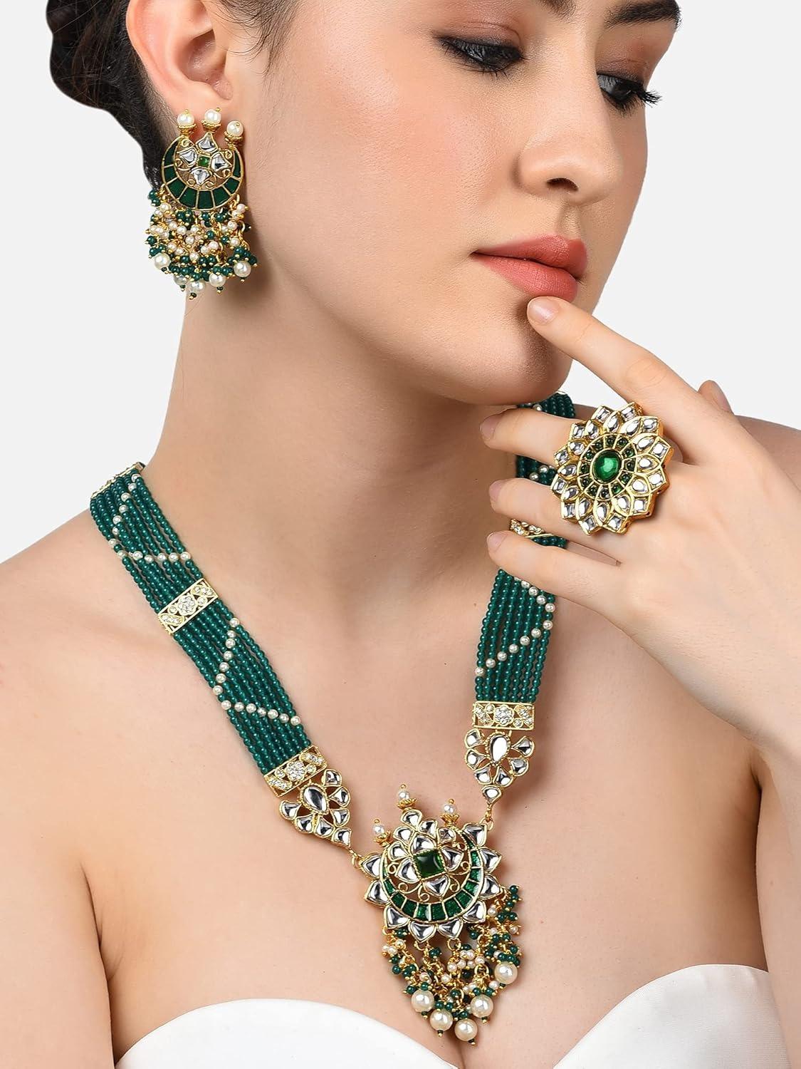 

Green Beaded Meenakari Long Kundan Necklace Earring & Ring Set For Women Onesize