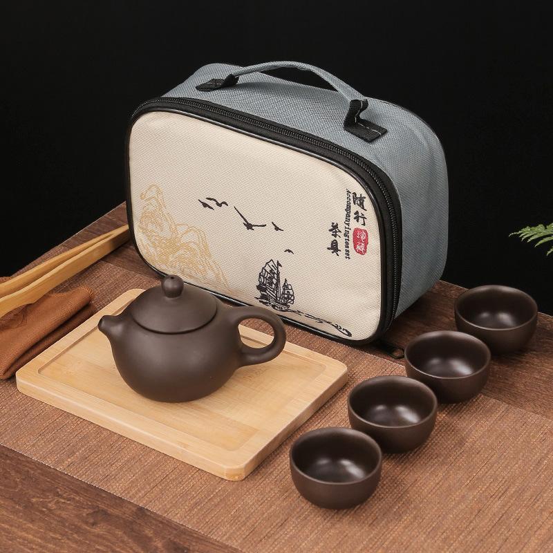 Chinese Tradition Kung Fu Tea Set Portable Ceramic Travel Tea Set Home Office One Teapot Four Teacup Teaware Tea Ceremony Gifts