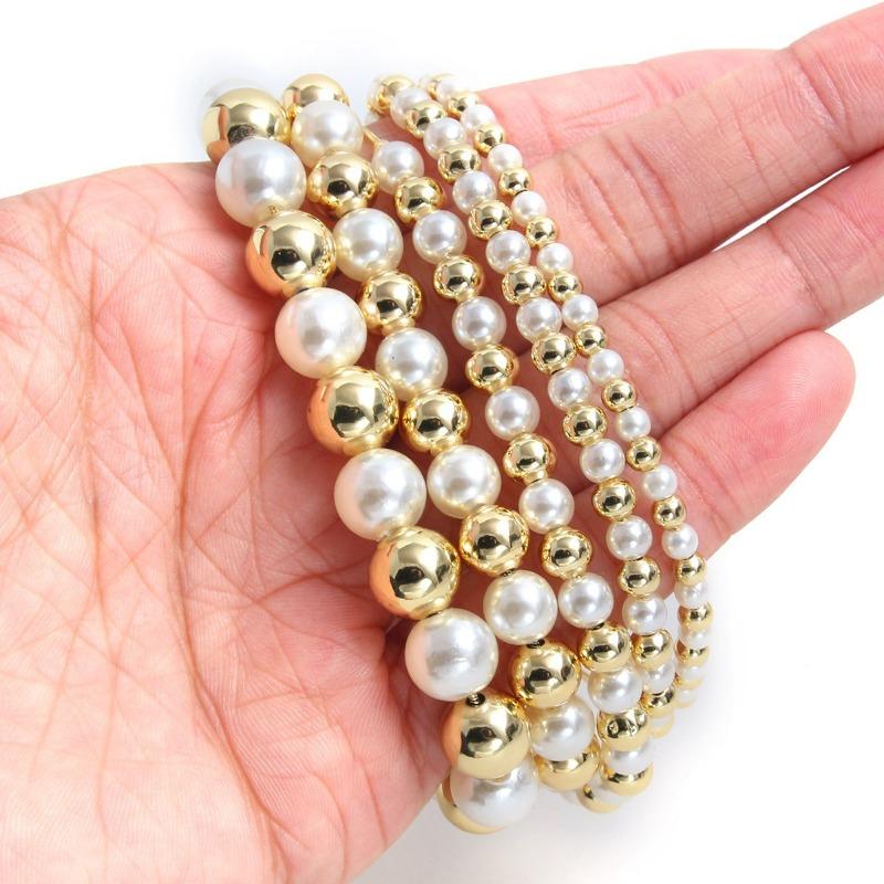 Pearl Stacked Bracelet, 18k Gold Plated, Pull-through Adjustable Bangle, Fashionable and Exquisite Jewelry