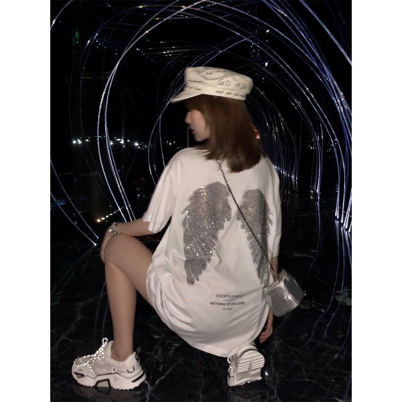 White T-shirt Women's Ironing Diamond Short-sleeved Summer New Wing Top Mid-length Base Shirt