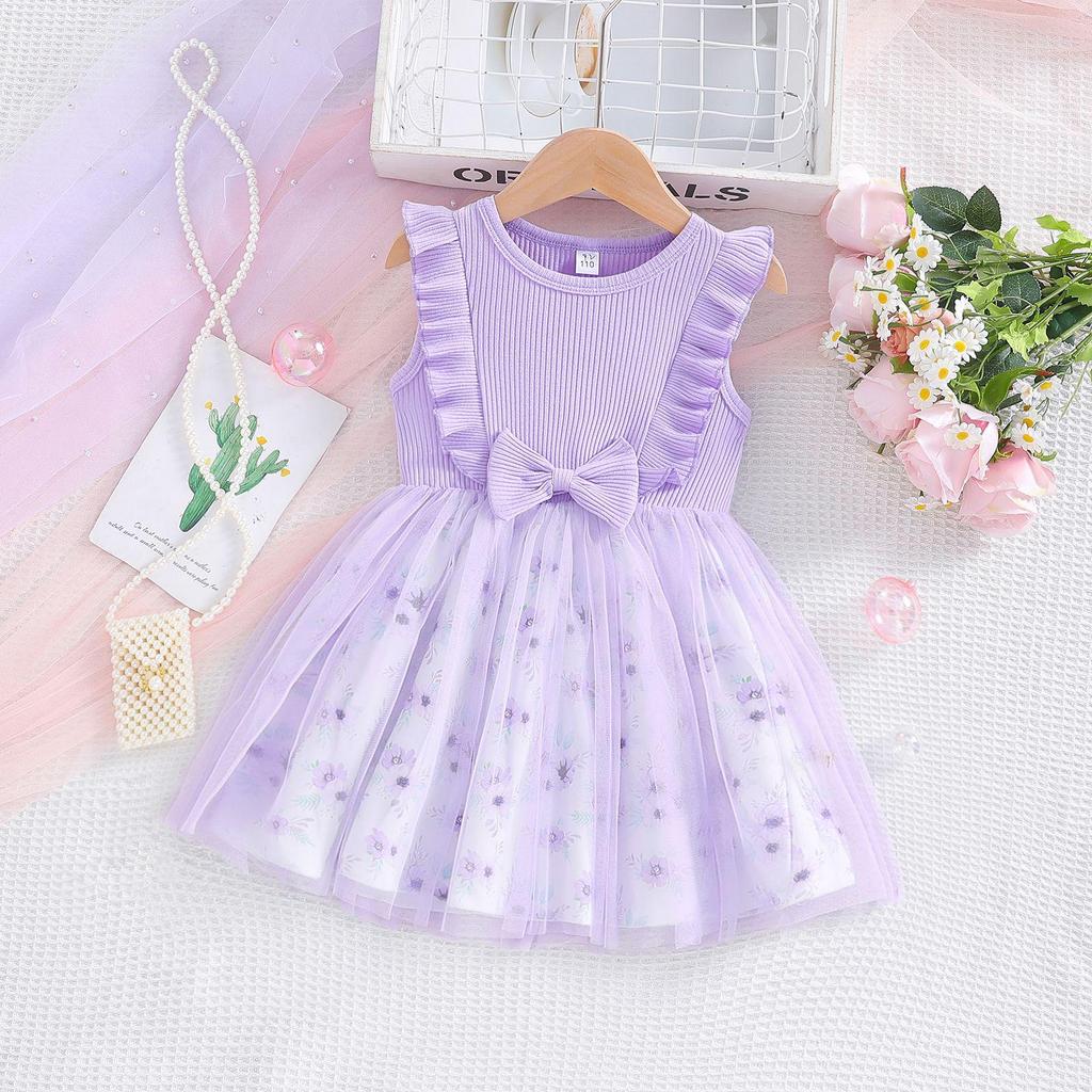 2025 Sweet Toddler Girls' A-Line Bowknot Mesh Dress - Sleeveless Cotton