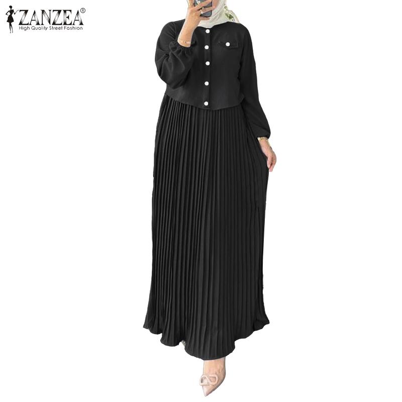 ZANZEA Women Casual Round Neck Loose Long Sleeve Pleated Long Dress
