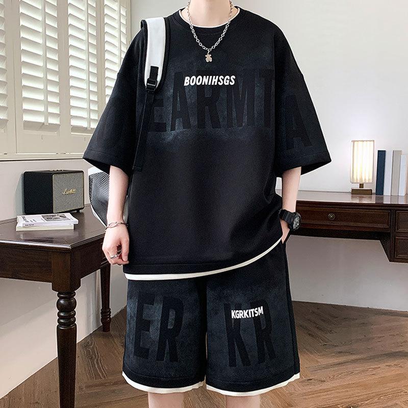 

Summer Men s Large Suit S-6XL Trendy Two Piece Set Korean High Street Fashion T-shirt Shorts Tracksuits Designer Clothes Men S