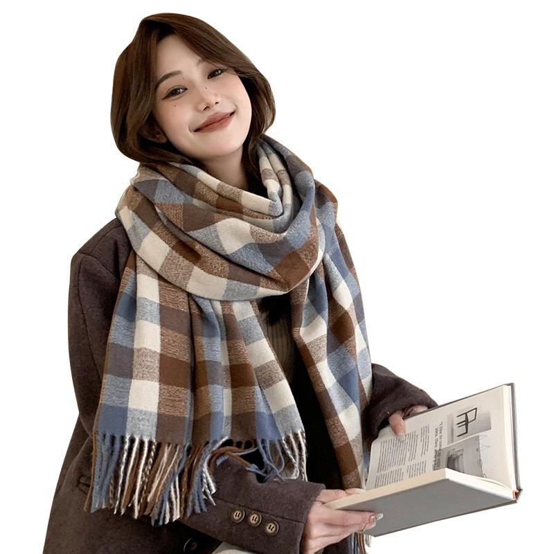 New Style Cashmere Imitation Japanese Small Lattice Scarf In Winter WomenS Medium Long Thickened Leisure Warm Keeping Scarf