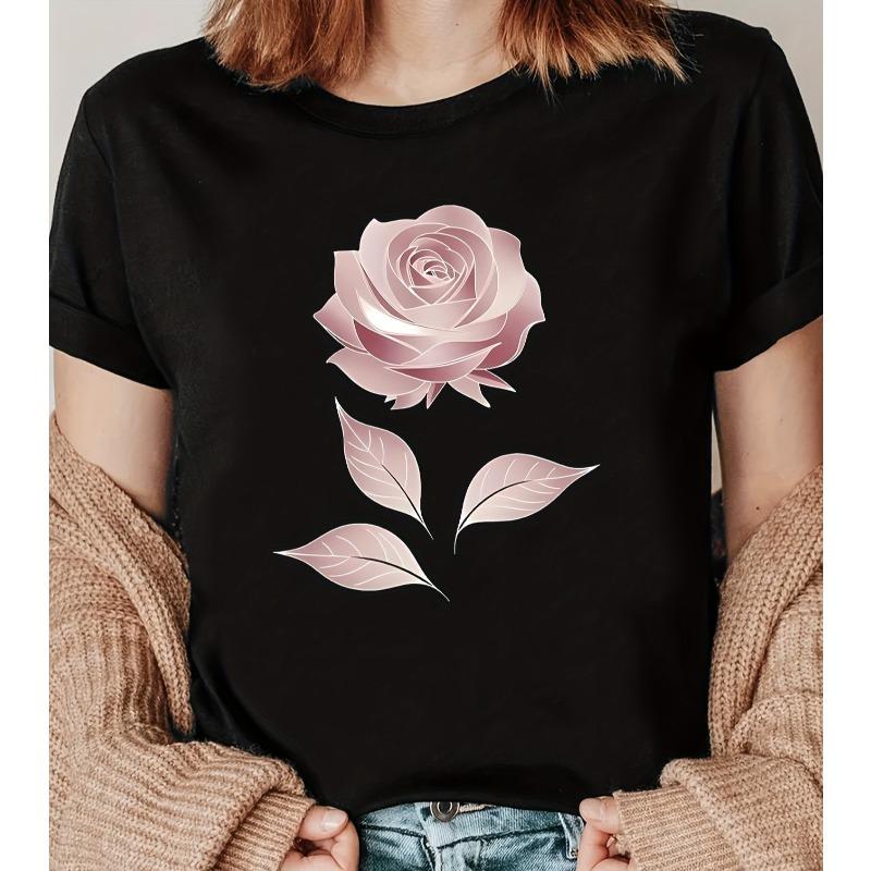 

European Size Women s Short-Sleeve T-Shirt with Blouse Wispy Print - Round Neck Casual Summer Top, Spring/Summer Blouse for Casual Attire 4XL чорний