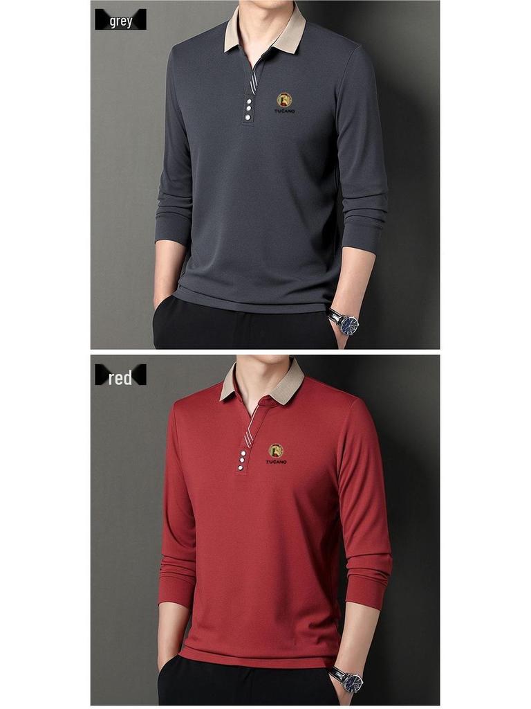 Woodpecker Men's Long-Sleeve Solid Color Polo Shirt with V-Turn Collar for Spring and Autumn.