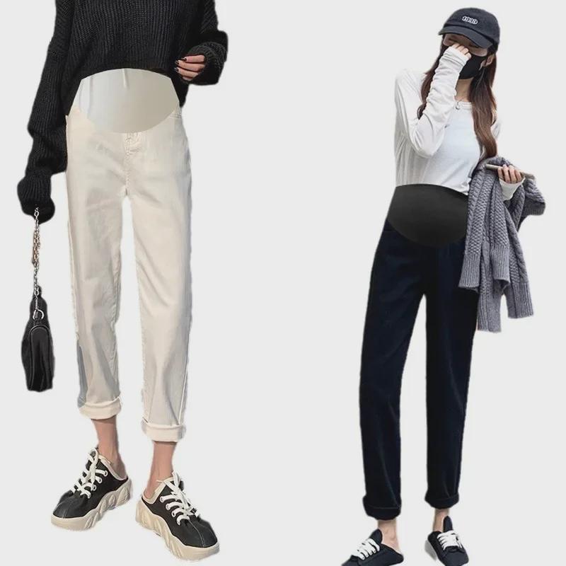 Blugi albi ocazional de maternitate - Suport pentru burtă de toamnă și jambiere largi pentru mămici