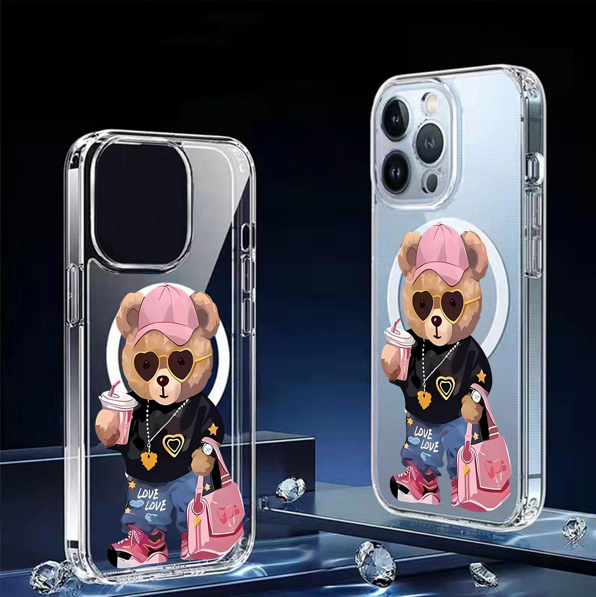 

Cartoon Bear Magnetic Phone Case for iPhone 15/16/17 Pro Max - Transparent Full Coverage Galaxy S22 прозорий