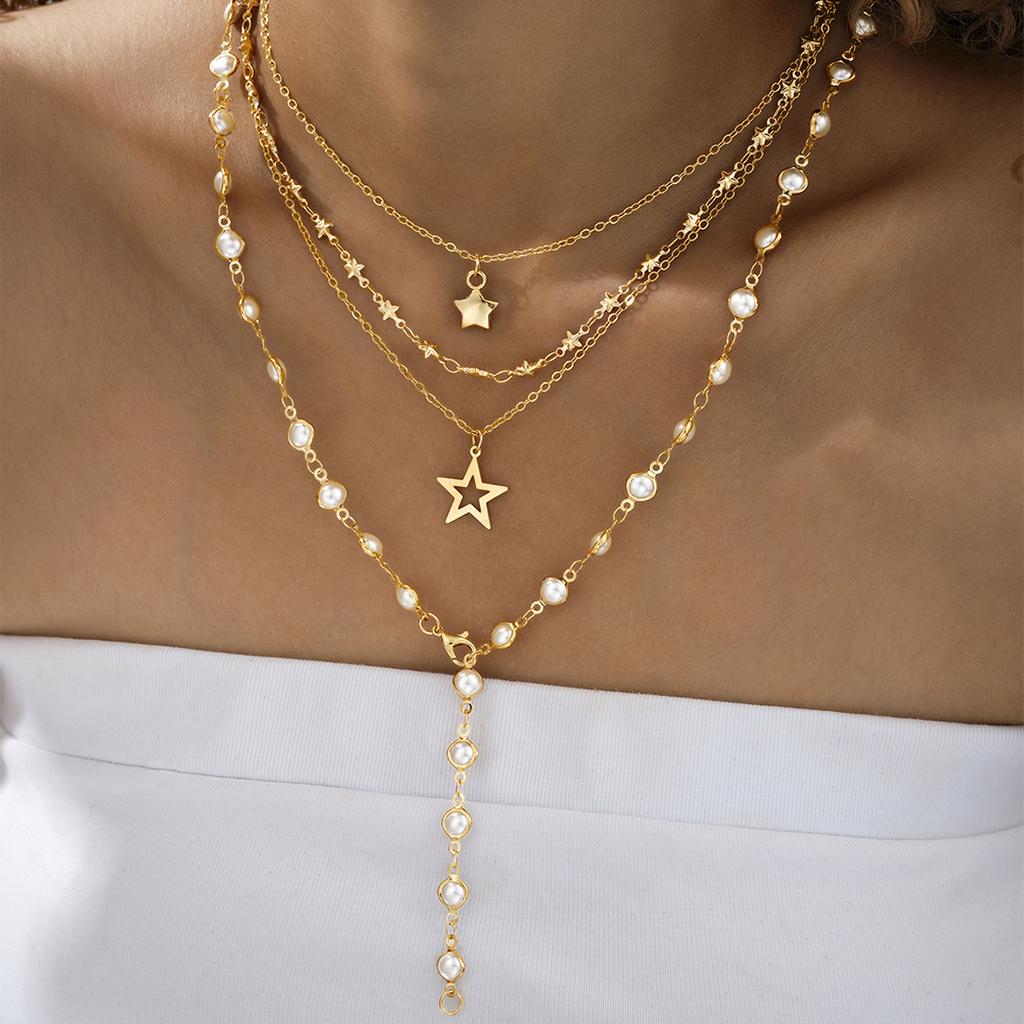 4pcs Fashion Simple Elegant Star Pendant Necklace Set Retro Pearl Y-Shaped Long Chain Necklace for Women Daily Wear Jewelry Gift