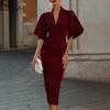 2026 Womens V-Neck Flared Sleeve Fitted Midi Dress Elegant Office Party Wear