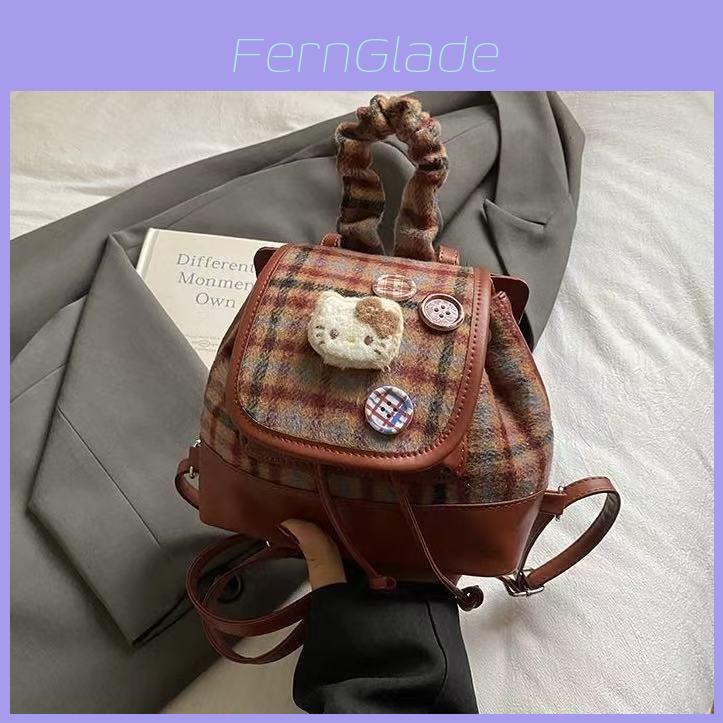 Hello Kitty Pu Leather Backpack For Daily Use With Stylish Plaid Design For Women And Men