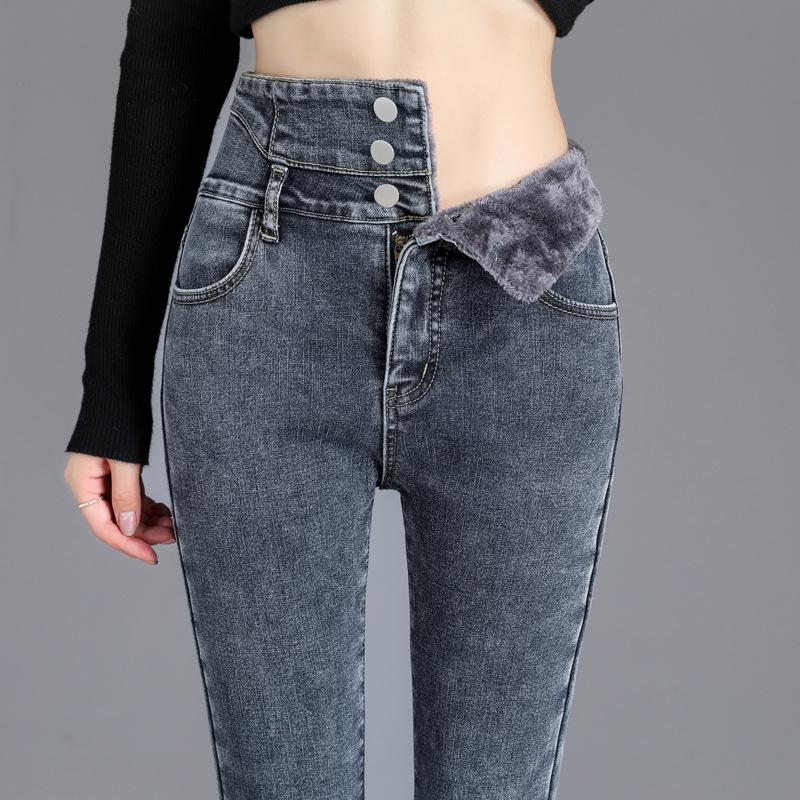 High-Waist Skinny Velvet-Lined Jeans - Women's Casual Japanese Korean Style, Autumn/Winter 2025.
