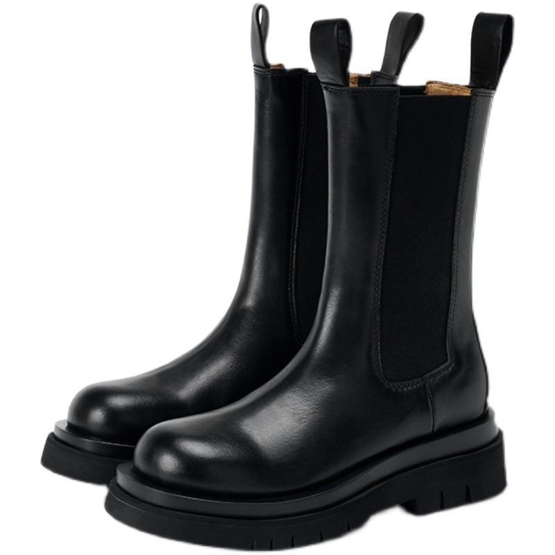 Premium Full Cowhide~ Inner Height Increasing Martin Boots Women's Medium Tube Platform Women's Boots Chelsea Boots Smoke Boots