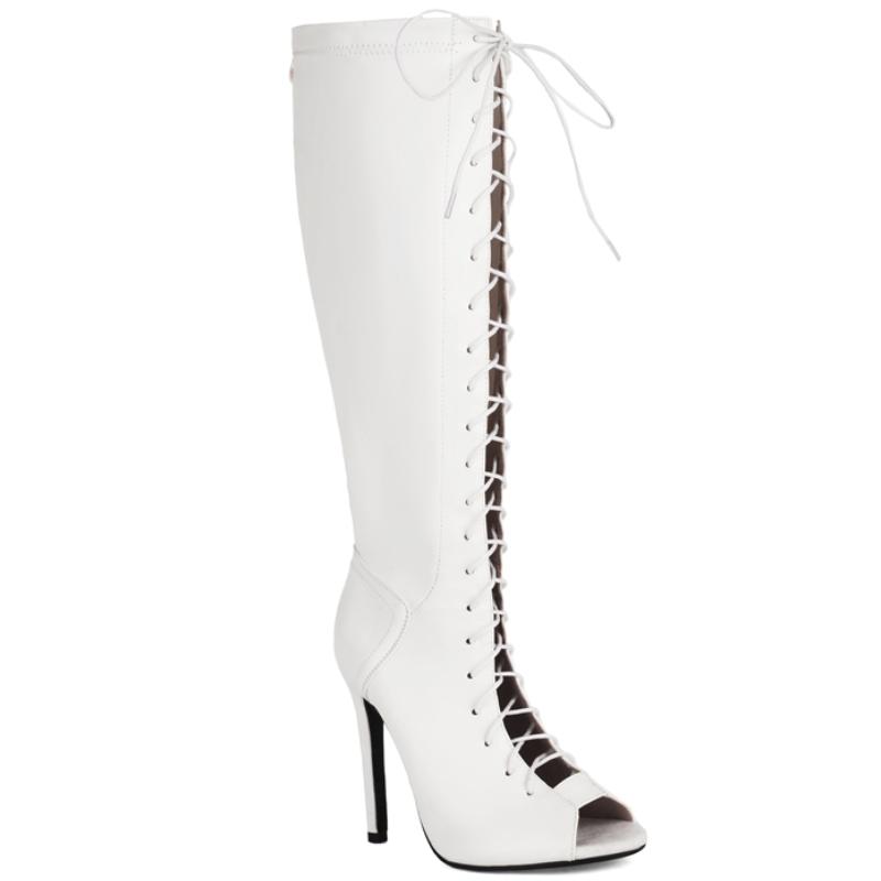 

Модная женская обувь до колена, ботфорты, сексуальная шнуровка, лакированная красная, черная, белая, клубная, для танцев, фетиш-вечеринок, женская, большого размера, 2024, осень 39 белый