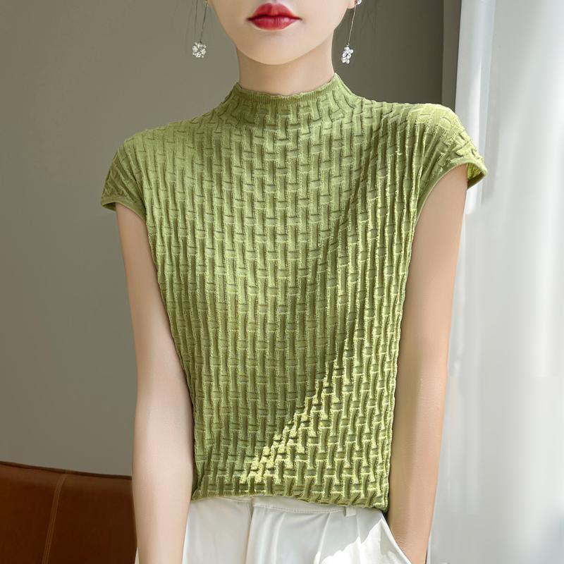 Women T-shirt Tank Summer Knitted T-shirt Short Sleeve Tees Basic Tees Knit Top Pullover Turtleneck Female
