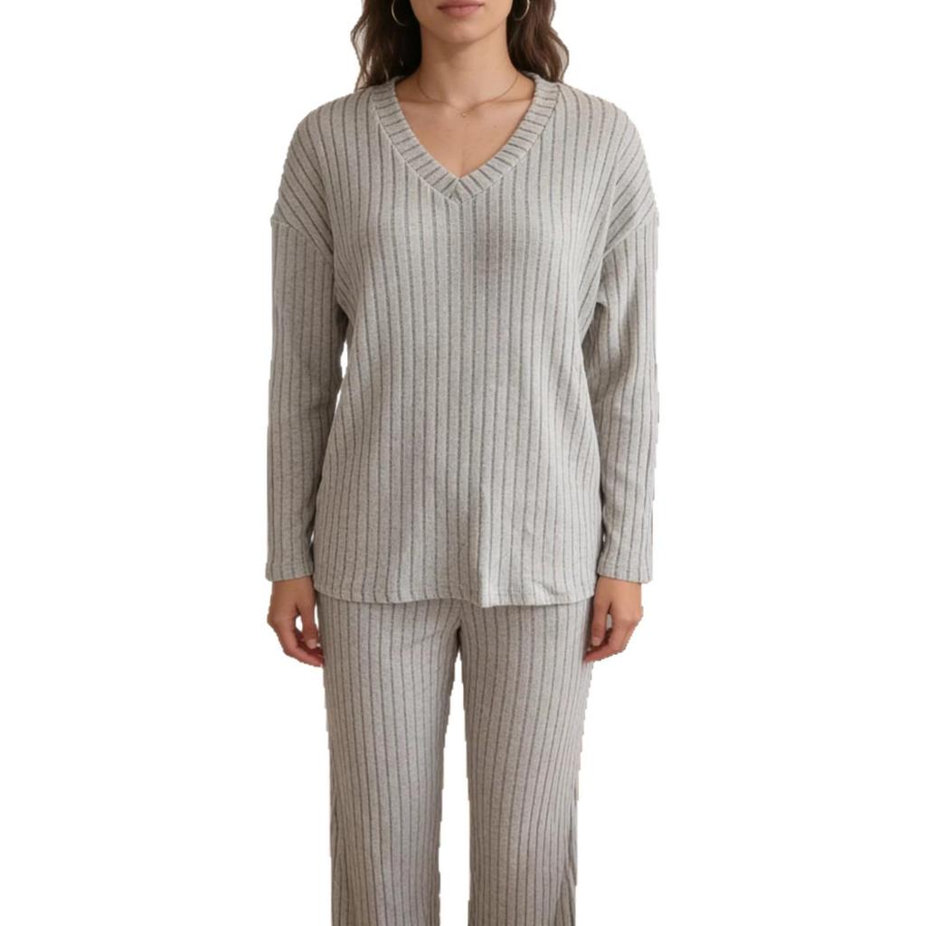 Large Ribbed V-neck Long Sleeve Women's Pant Suit Casual Two-Piece Set - 2025 Autumn/Winter Collection