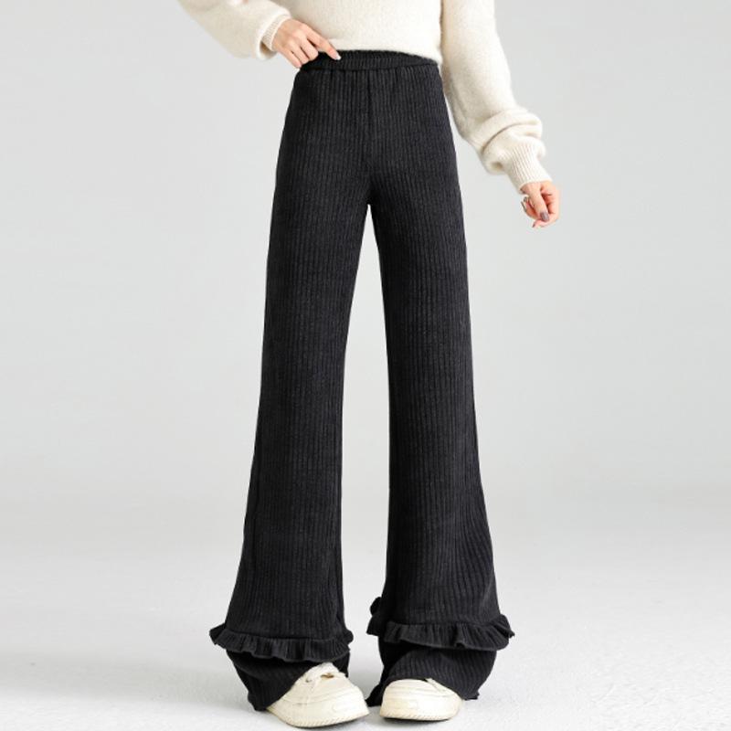 

Women s Coffee Wood Ear Trim High-Waist Micro-Flare Pants - 2025 Autumn/Winter Extra Large чорний