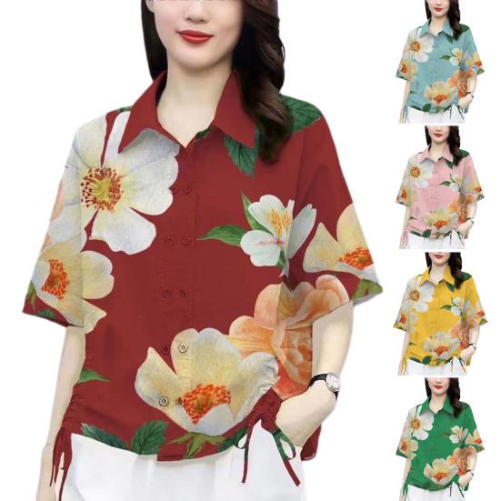 Women Casual Shirt Side Drawstring Shirt Sleeve Flower Pattern Lapel Short Double Breasted Loose Fit