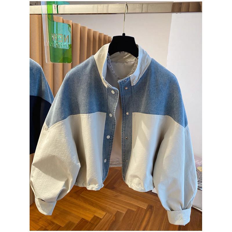 European Denim Patchwork Stand Collar Jacket - Women s 2025 Autumn Casual Loose Short Top XL бежевый