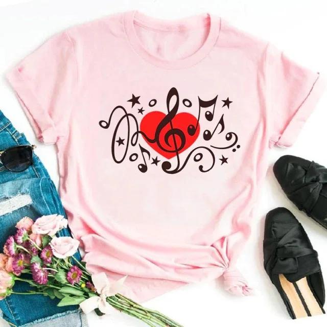 Heart Music Note Pink Print Women T Shirt Short Sleeve O Neck Loose Women Tshirt Ladies Tee Shirt Tops Clothes Camisetas Mujer