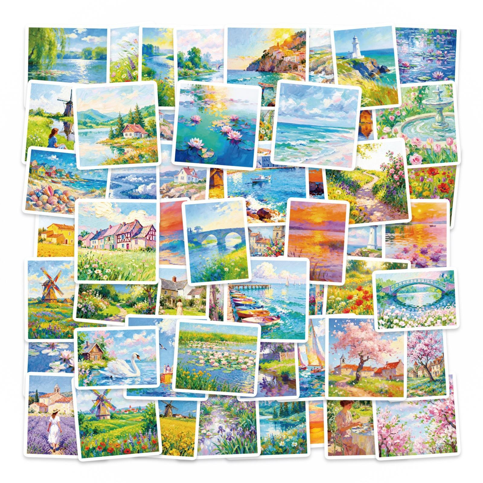 

56 Landscape Oil Painting Stickers Creative Painting Warm Travel Scenery Beauty Material Decorative Stickers