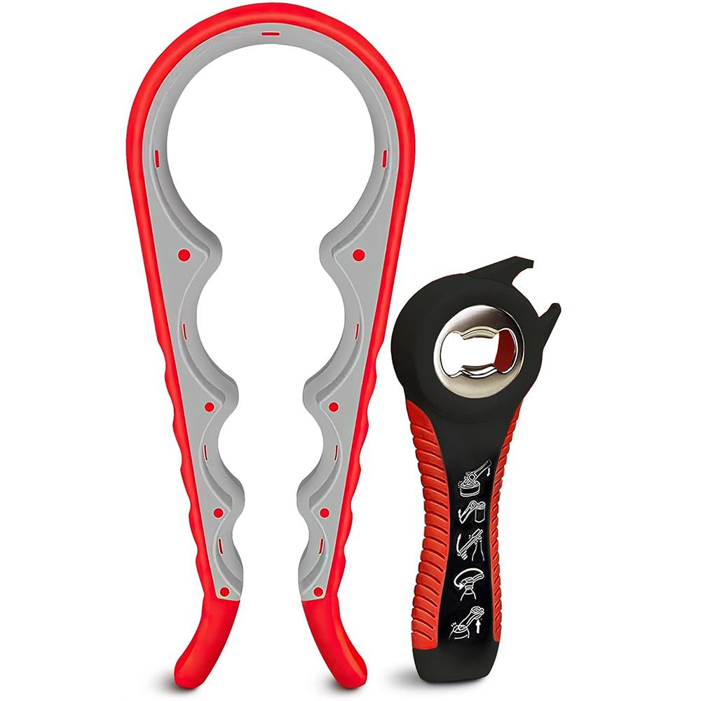 

LMETJMA 2Pcs Jar Opener 5 in 1 Multi Function Can Opener Bottle Opener Kit Kitchen Opener Tool for Seniors with Weak Hands червоний