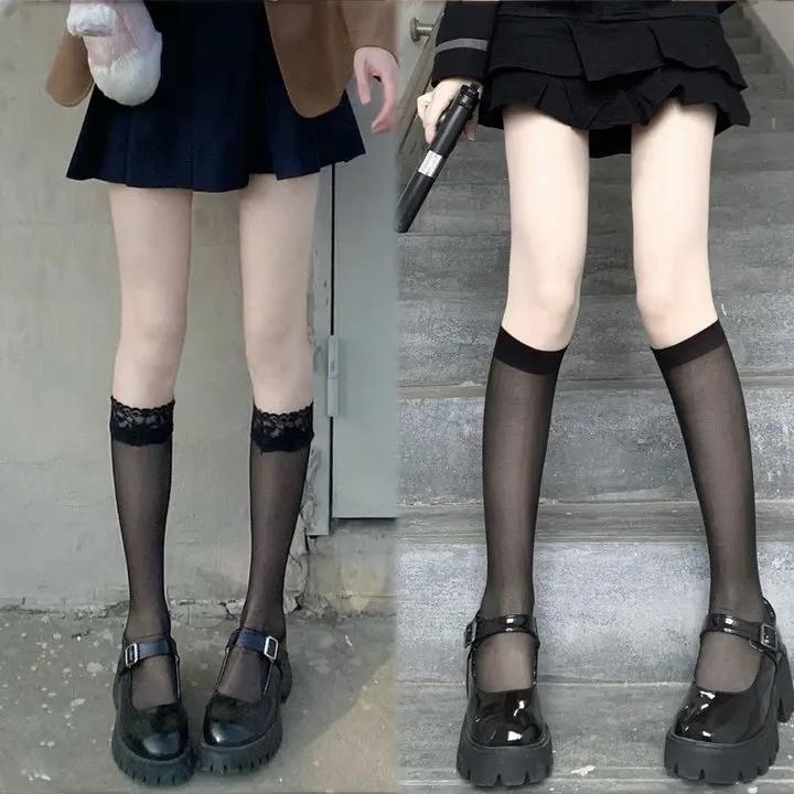 Lolita Summer Nylon Floral Lace Trim Calf Socks Ultra-Thin Transparent Sheer Knee High Socks Jk Girl Women Long Kawaii Stockings