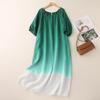 Retro Tie-Dye Blue Gradient Dress with Round Neck and Drawstring - Summer Design 2026
