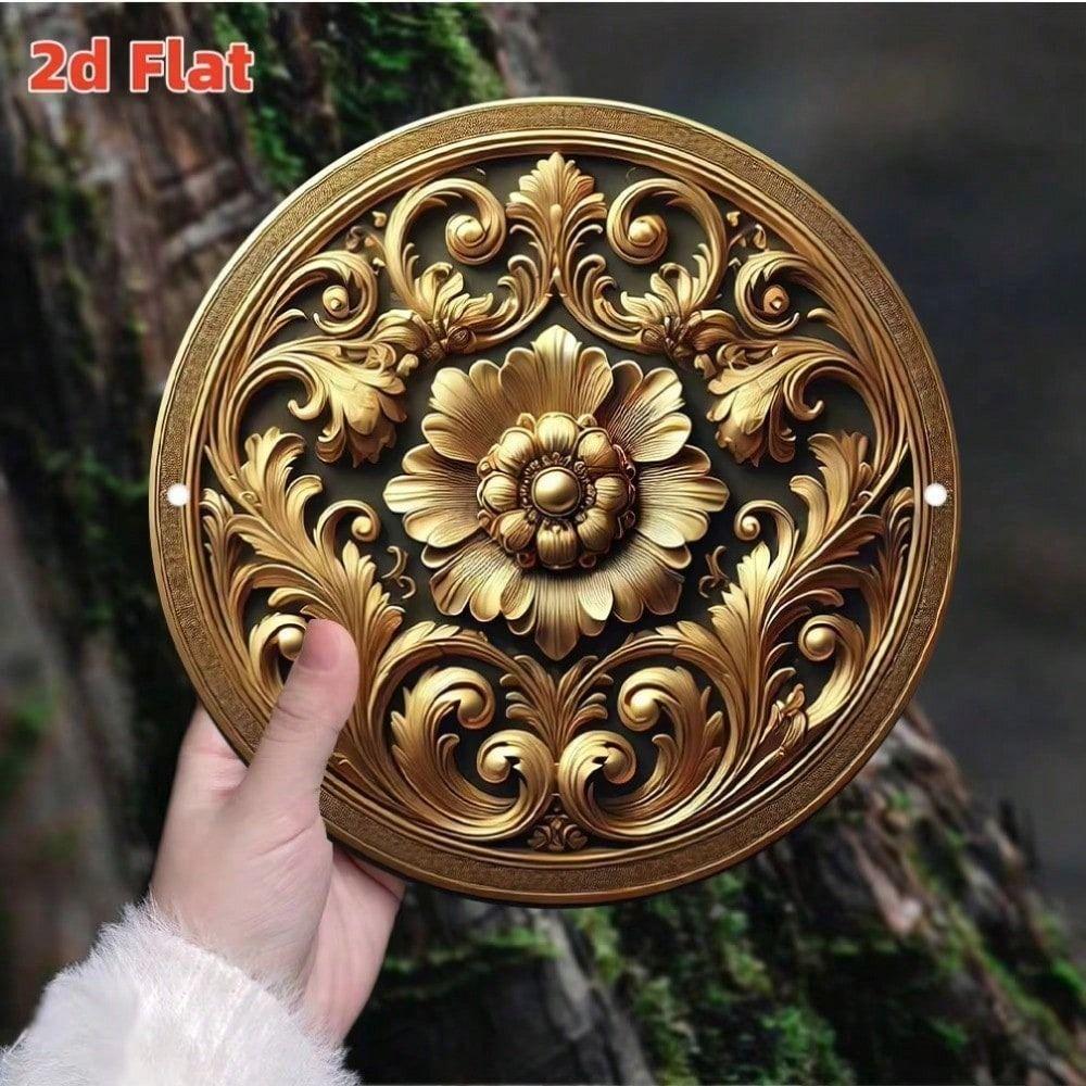 Metal Poster Round Retro Floral Embossed Wall Art, Gold 3D Sticker for Home Decor