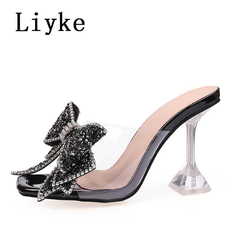 Fashion Liyke Fashion Crystal Sequined Bowknot Women Slippers Sandals Strange Style Clear Heels Open Toe PVC Transparent Shoes Size 46