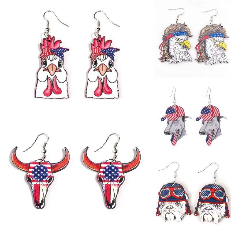 Women's Creative Fun Wooden Dangle Earrings, Cartoon Dog Cow Chicken Pattern, Unique Casual Daily Wear Jewelry