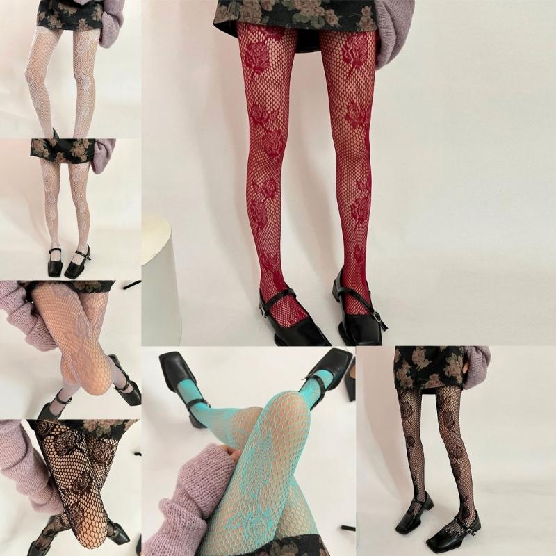 Women Aesthetic Flower Mesh Pantyhose Hosiery Vintage Peony Patterned Hollowed Out Fishnet Tights Stockings for Parties