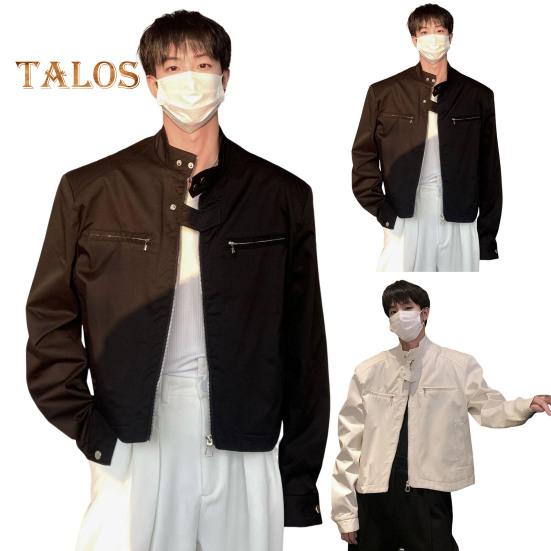Men Jacket Coat Full Zipper Closure Solid Color Two Side Pockets Short Jacket Stand Collar Long Sleeve Jacket Streetwear