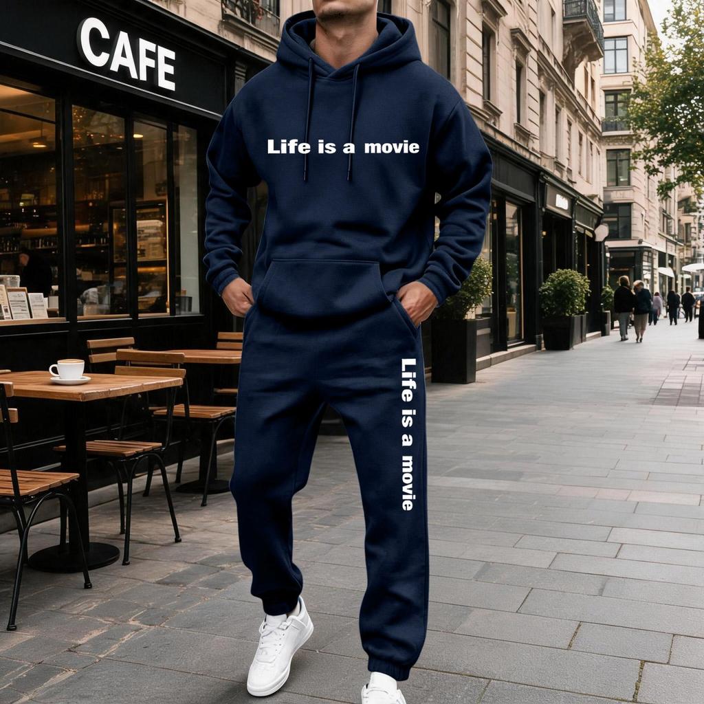 Men's Casual Letter Print Hooded Sweatshirt and Sweatpants Set, Lined Two Piece Outfit
