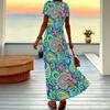 Women Plus Size V Neck Short Sleeve Maxi Dress Retro Paisley Print Loose Fit Summer Beach Long Dress