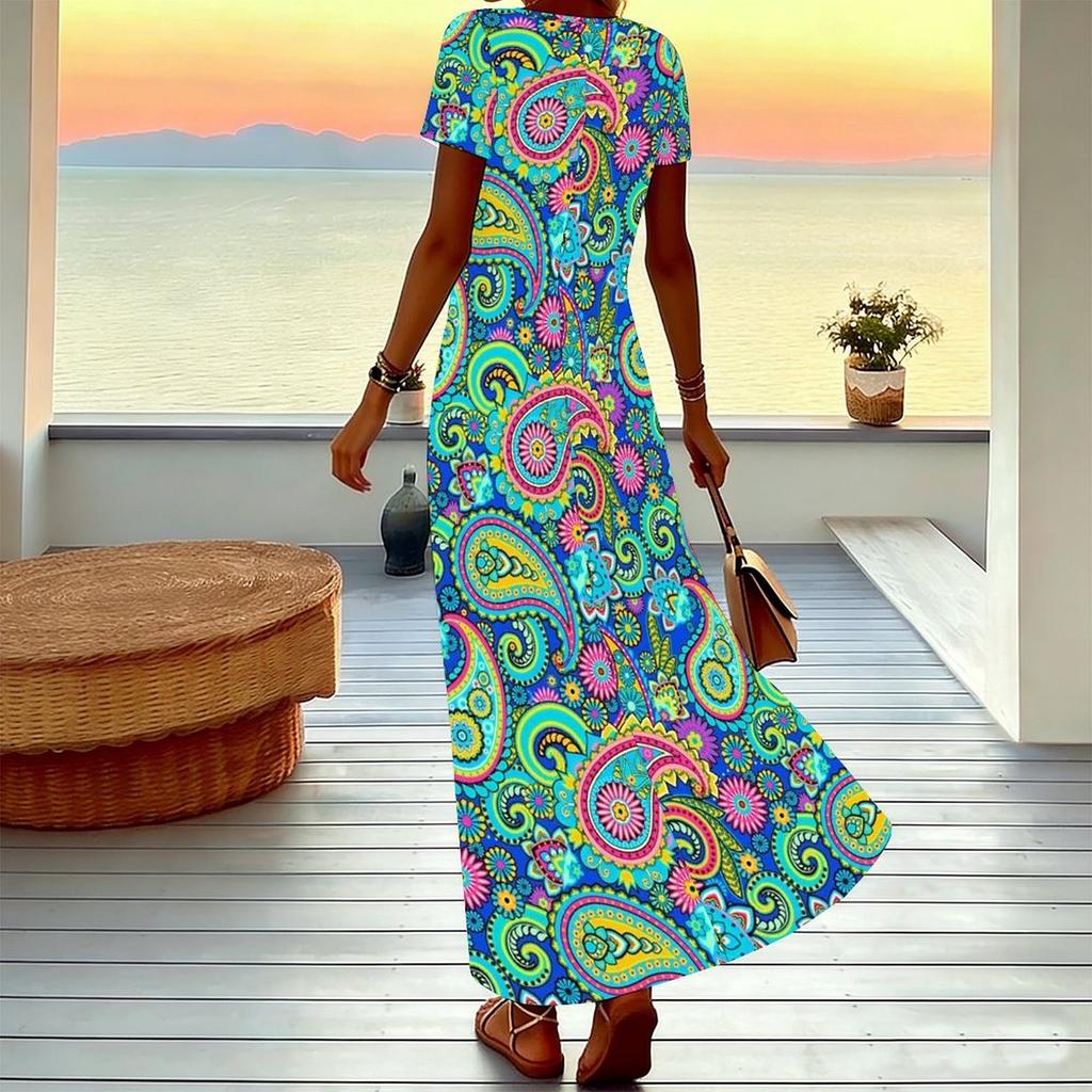 Women Plus Size V Neck Short Sleeve Maxi Dress Retro Paisley Print Loose Fit Summer Beach Long Dress