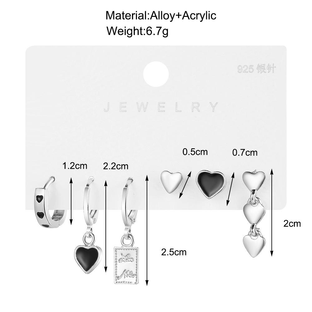 6PCS Black Heart Earrings Set for Women Simple Temperament Ladies Hoop Earrings Holiday Jewelry Gifts