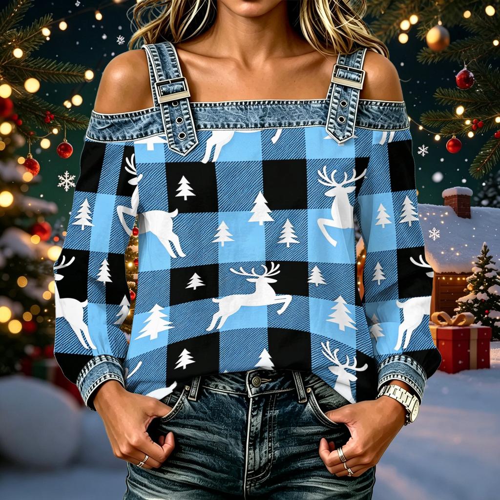 Women's Casual Off-Shoulder Long Sleeve Christmas Print Top for Holiday Parties