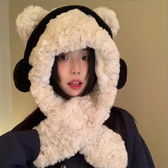 Women's Bear Earphones Hat: Warm Hooded Scarf with Plush Ear and Neck Protection for Autumn/Winter