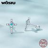 WOSTU Authentic 925 Sterling Silver Bright Cross Stud Earrings for Women Fine Turquoise Jewelry Wedding Aniversary Gift