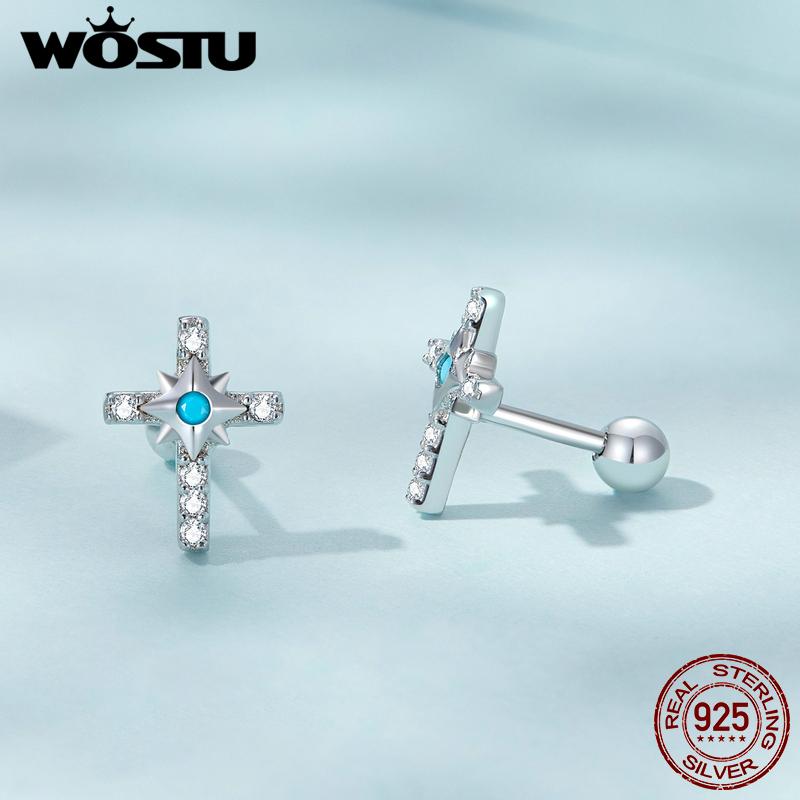 WOSTU Authentic 925 Sterling Silver Bright Cross Stud Earrings for Women Fine Turquoise Jewelry Wedding Aniversary Gift