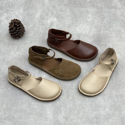 Ręcznie robione, oryginalne skórzane damskie sandały płaskie, miękka podeszwa, wygodne, okrągłe noski, buty retro ze skóry bydlęcej