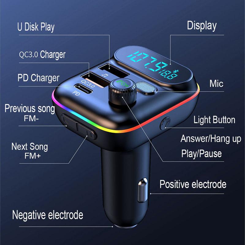 Transmițător FM Bluetooth 5.0 auto Dual USB 3.1A Tip C PD Adaptor încărcător auto Adaptor Mâini libere Mp3 Player Suport card TF pentru Samsung