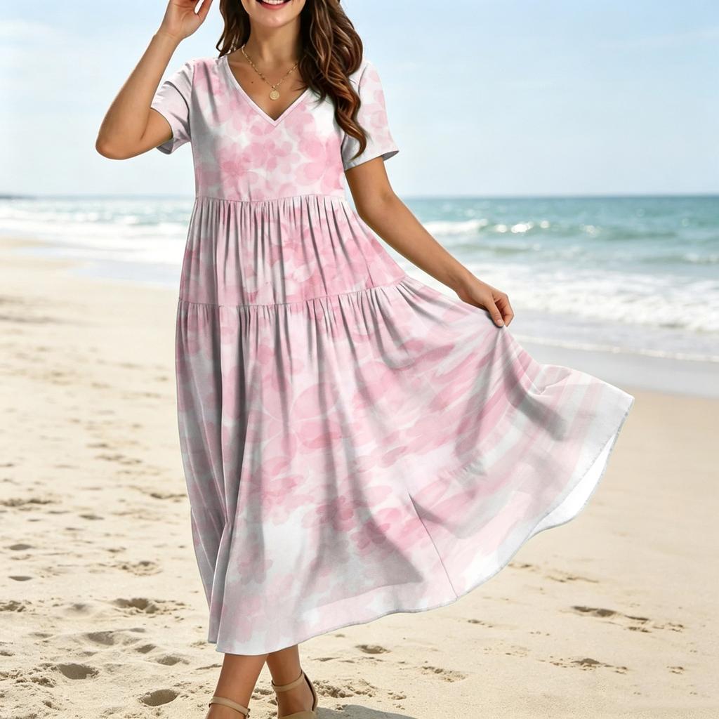 Women Casual Loose Bohemian Floral Dress Krótki rękaw Długa Maxi Summer Beach Swing Dress